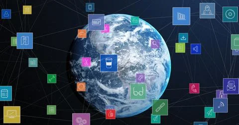Image of network of connections with icons over globe Stock Photos