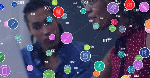Image of network of connections with icons over african american woman using Stock Photos