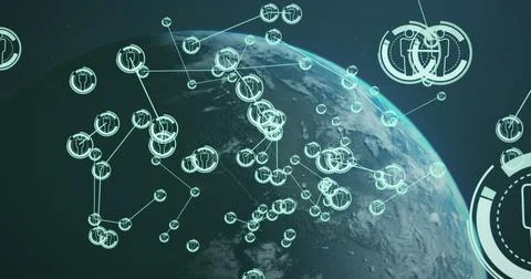 Image of network of connections with icons over globe on black background Stock Photos