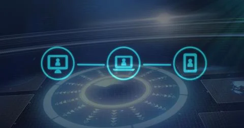 Image of network of connections with icons over scope scanning on black Stock Photos