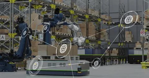 Image of network of connections with icons over machines working in warehouse Stock Photos