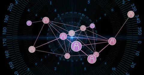 Image of network of connections with icons over data processing on black Foto stock
