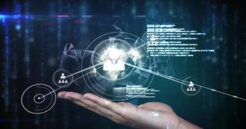 Image of network of connections with icons over hand with globe and data 스톡 사진
