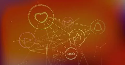 Image of network of connections with icons on red background Stock Illustration