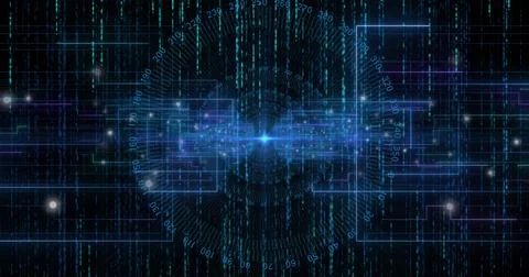 Image of network of connections with light spots over falling lines Stock Photos