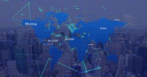 Image of network of connections with map over cityscape Ilustração Stock