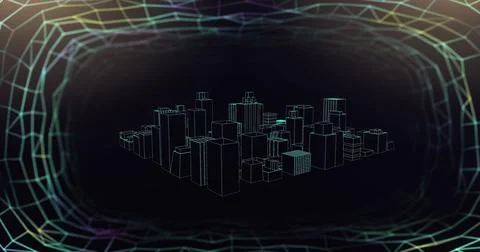 Image of network of connections over 3d spinning city model on black background Stock Photos