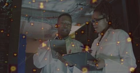 Image of network of connections over african american couple server room workers Ilustração Stock