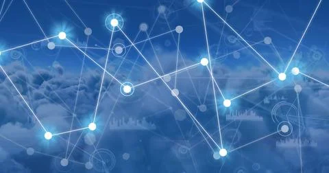 Image of network of connections over clouds Stock Photos
