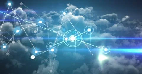 Image of network of connections over clouds Stock Photos