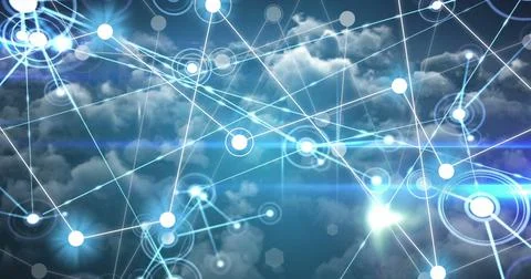 Image of network of connections over clouds Stock Photos
