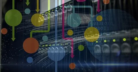 Image of network of connections over computer server and globe with binary Foto stock