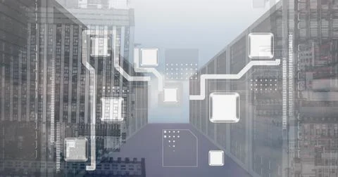 Image of network of connections over computer server room against tall buildings Foto stock