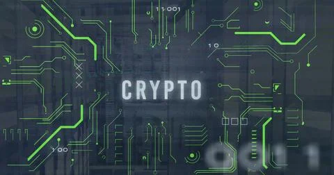 Image of network of connections over crypto text and server room Stock-Illustration