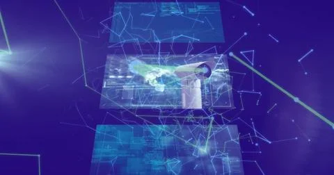 Image of network of connections over data processing on black background Stockillustratie