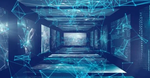 Image of network of connections over data processing on black background 库存插图