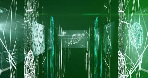 Image of network of connections over data processing on green background Illustrazione stock