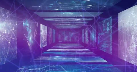 Image of network of connections over data processing on blue background Stock Illustration