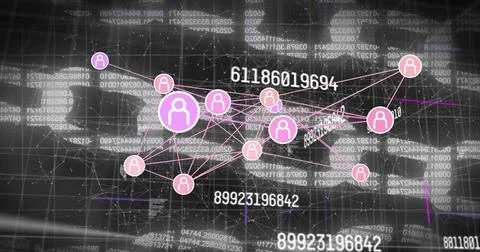 Image of network of connections over data processing on black background 스톡 사진