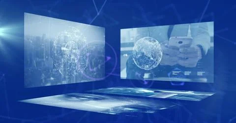 Image of network of connections over data processing on blue background 写真素材