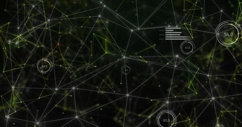 Image of network of connections over data processing on black background Stock Photos