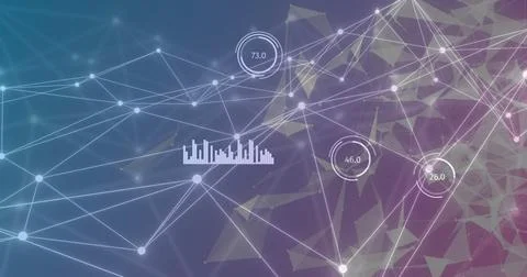 Image of network of connections over data processing on purple background Stock Photos
