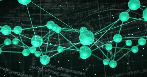 Image of network of connections over data processing and dna strand on black Foto stock