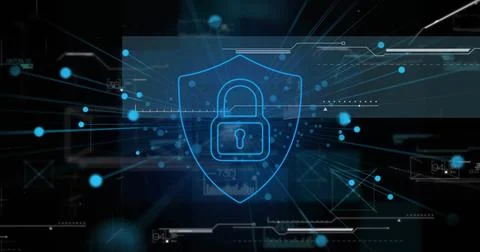 Image of network of connections over data processing and padlock with shield 写真素材