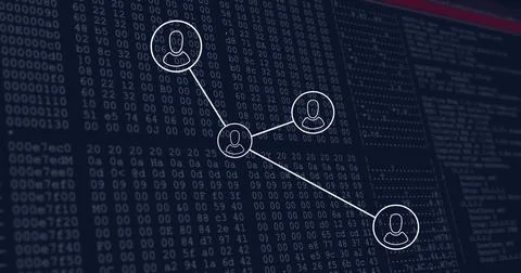 Image of network of connections over data processing on black background Foto stock