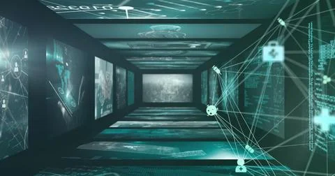 Image of network of connections over data processing on screens Foto stock