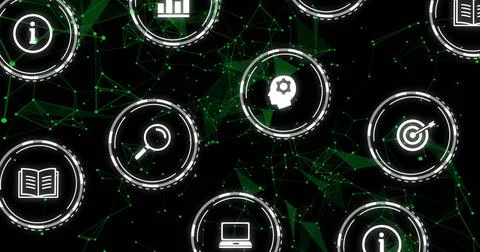 Image of network of connections over digital icons on black background 스톡 일러스트