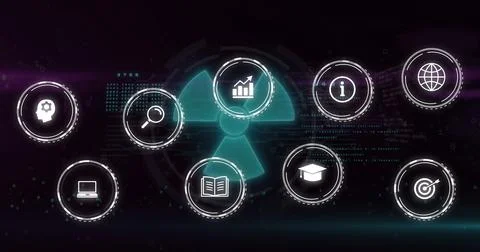 Image of network of connections over digital icons on black background Stock Illustration