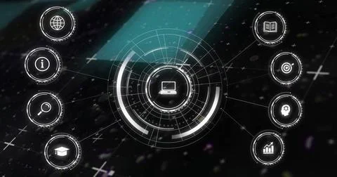 Image of network of connections over digital icons on black background 스톡 일러스트