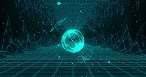 Image of network of connections over digital mountains on black background 스톡 사진