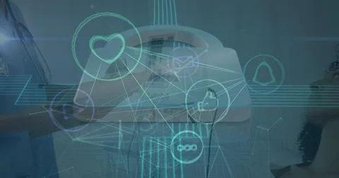 Image of network of connections over diverse doctor and patient Foto stock