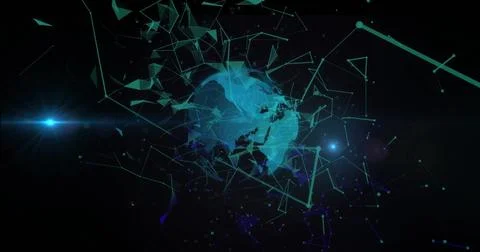 Image of network of connections over globe and light spots on black background Ilustração Stock