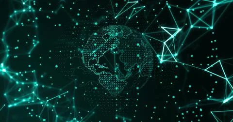 Image of network of connections over globe on black background イラスト素材