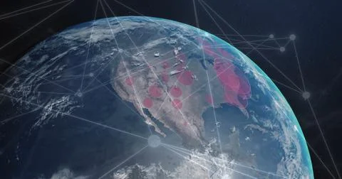 Image of network of connections over globe 스톡 사진