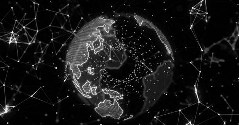 Image of network of connections over globe 写真素材