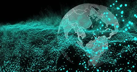 Image of network of connections over globe 写真素材