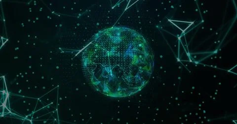 Image of network of connections over globe 写真素材