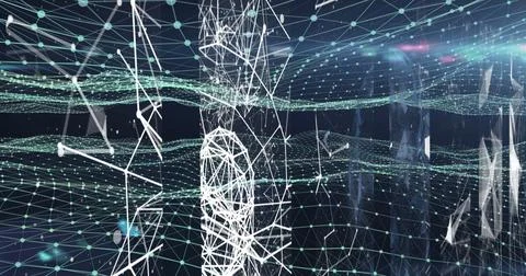 Image of network of connections over glowing green mesh Stockillustratie
