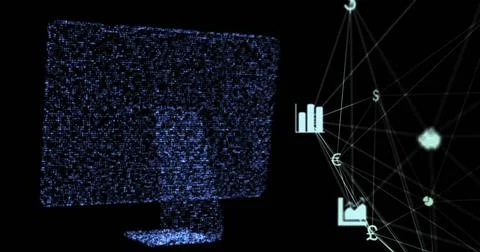 Image of network of connections over glowing computer on black background 写真素材