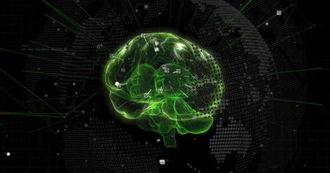 Image of network of connections over human brain and globe Stock Photos