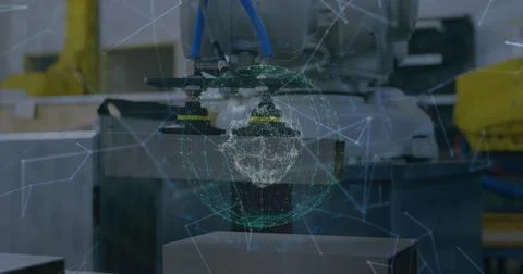 Image of network of connections over machines in lab Stock Illustration