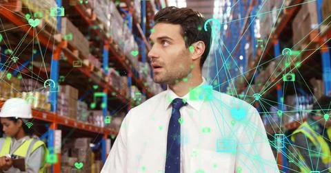 Image of network of connections over man counting stock in warehouse using Ilustração Stock