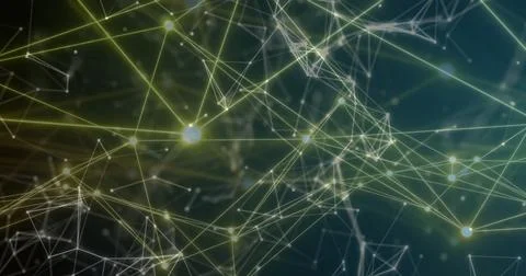Image of network of connections over moving shapes Stock Illustration