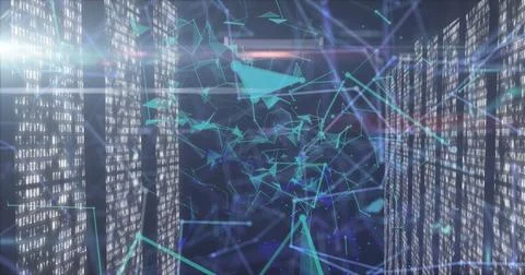 Image of network of connections over moving columns on black background Stock Illustration