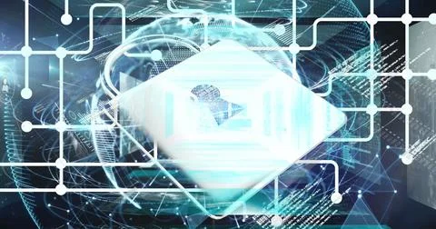 Image of network of connections over padlock icon and data processing on black Stock Illustration