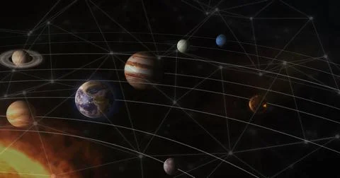 Image of network of connections over planets 스톡 사진